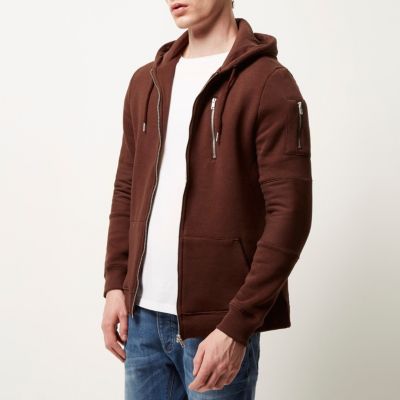 Dark red zip pocket long sleeve hoodie